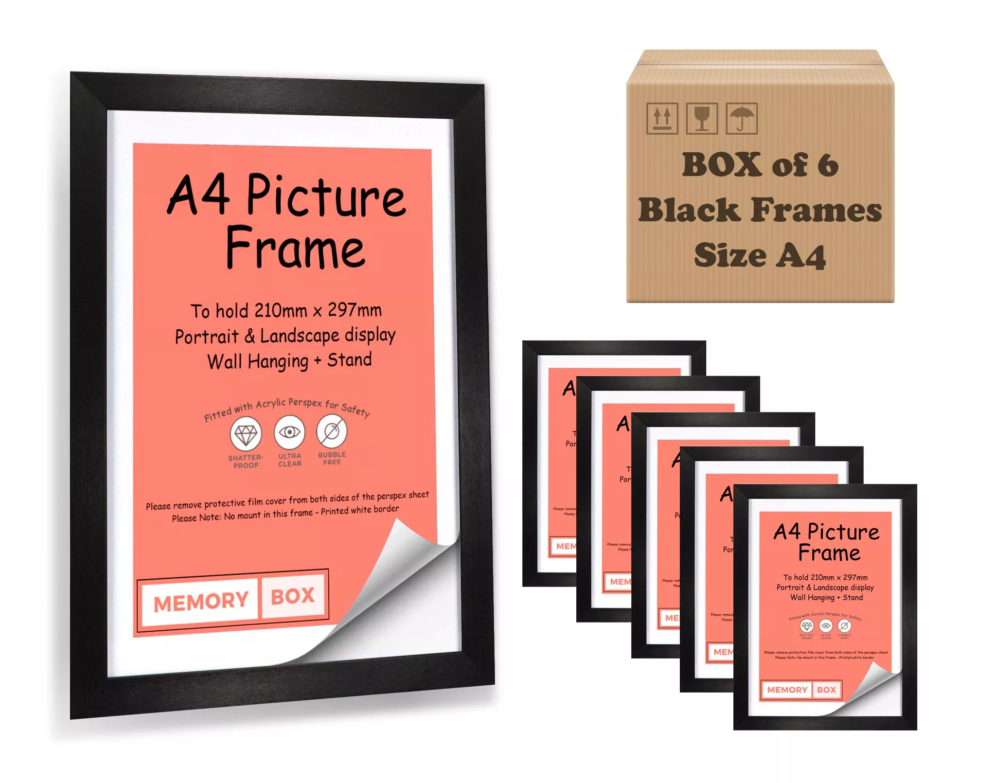 A4 BLACK BOX OF 6 PHOTO FRAMES • Memory Box